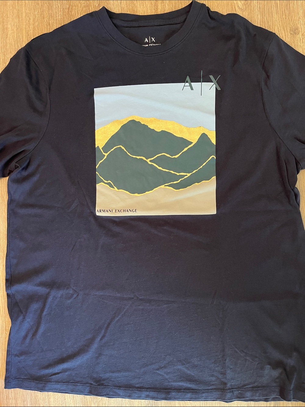 Armani Exchange Black Graphic Tee with Green and Gold Mountain Print